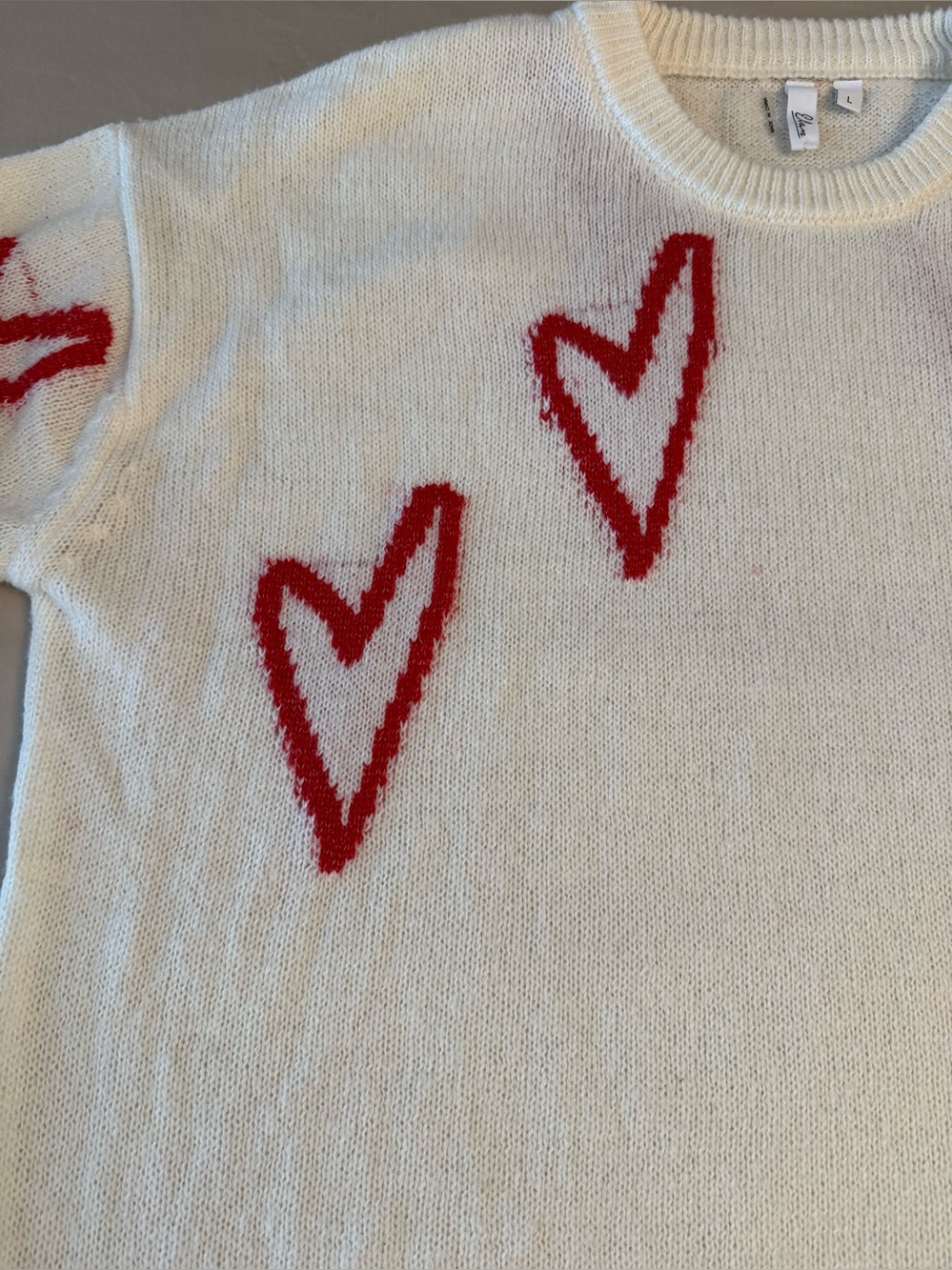 Elan Ivory Heart Print Soft Girl Crewneck Sweater Oversized Cozy Knit Pullover L - Picture 13 of 17